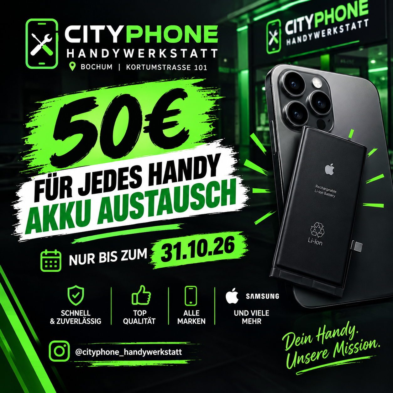 AKKU-AUSTAUSCH FÜR JEDES HANDY NUR 50 €!

Dein Handy-Akku ist schnell leer oder hält nicht mehr lange? Kein Problem! 

Unser Angebot: Akku-Austausch für nur 50 €!

✅ Für jedes Handy
✅ Professioneller Akku-Austausch

📲 So einfach geht’s: Folge uns
